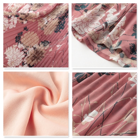 Pleated Floral Print High Waist Midi Pink Skirt - Picture 6 of 8